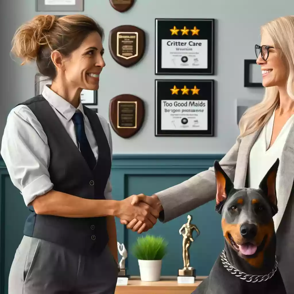 Two women shaking hands with a dog in front of them making a business deal