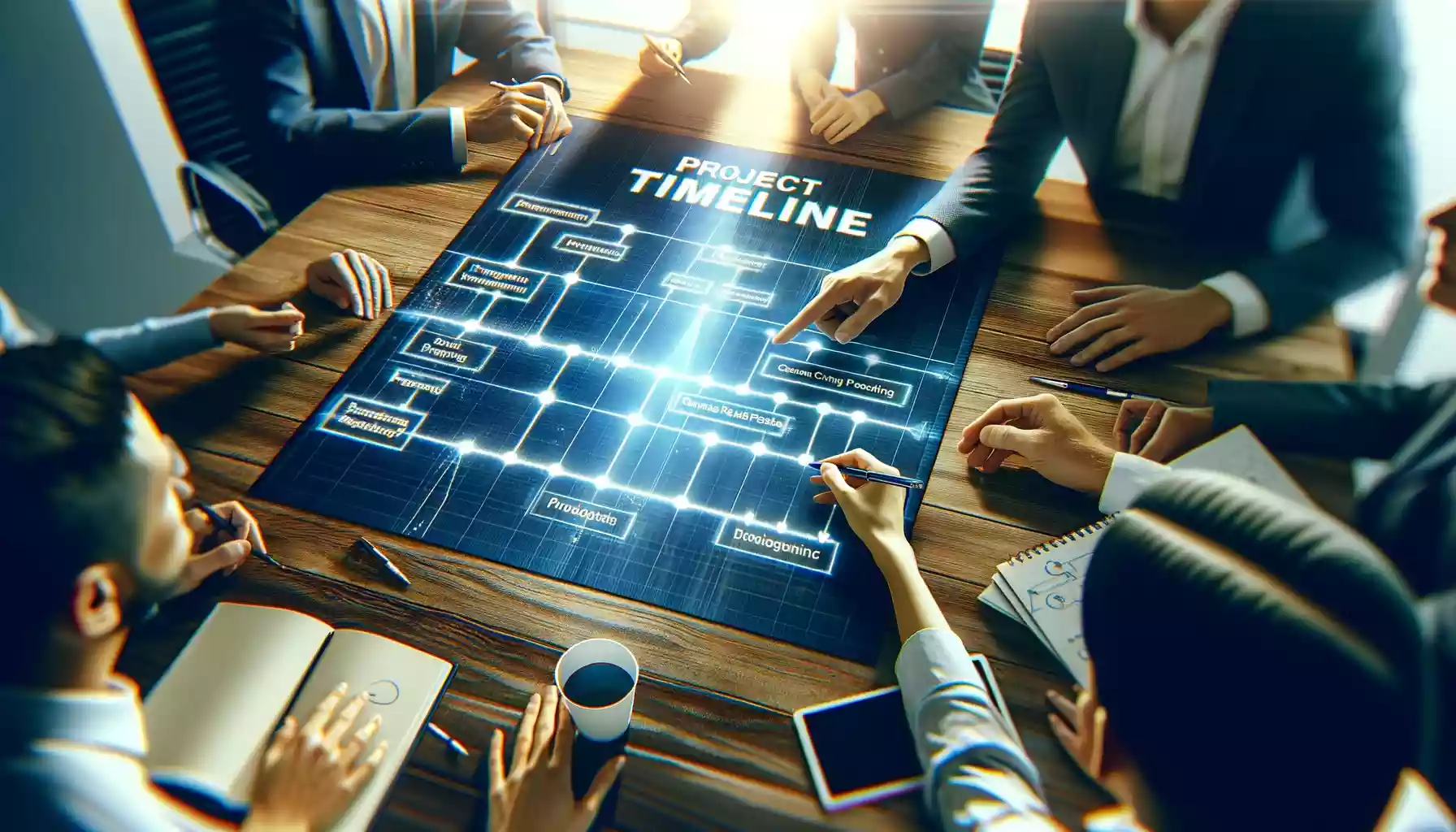 A group of people sitting around a table working with a project timeline.